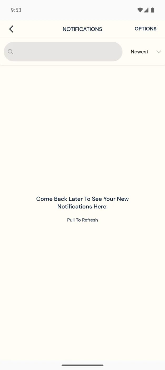 The ExpiWell notifications screen with a search box, a Newest sort control, and an empty-state message