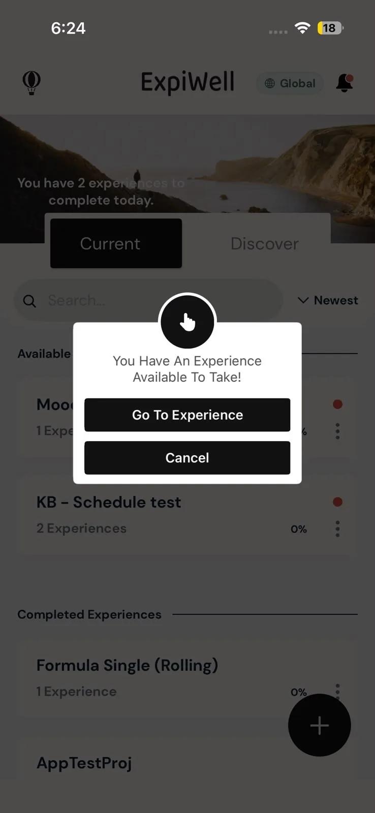 A pop-up over the ExpiWell home screen reading You Have An Experience Available To Take!, with Go To Experience and Cancel buttons; the bell at the top right has a red dot