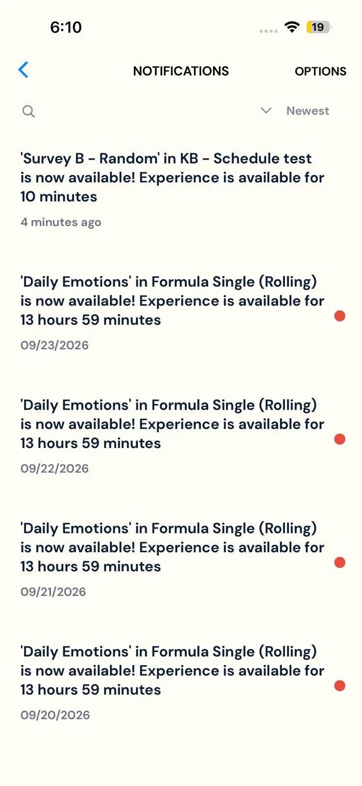 The Notifications screen with OPTIONS at the top right, a search icon and a Newest sort button, and a list of survey notifications; a recent read one shows 4 minutes ago, older unread ones show a date and a red dot