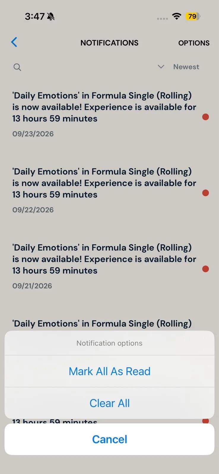 The Notification options menu open over the inbox, with Mark All As Read, Clear All and Cancel