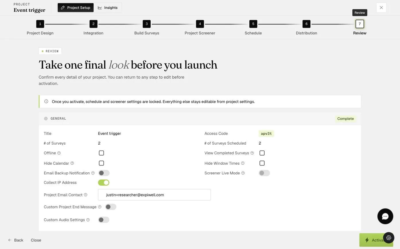 The project Review step General settings with the Offline checkbox among options like View Completed Surveys, Hide Calendar, and Collect IP Address
