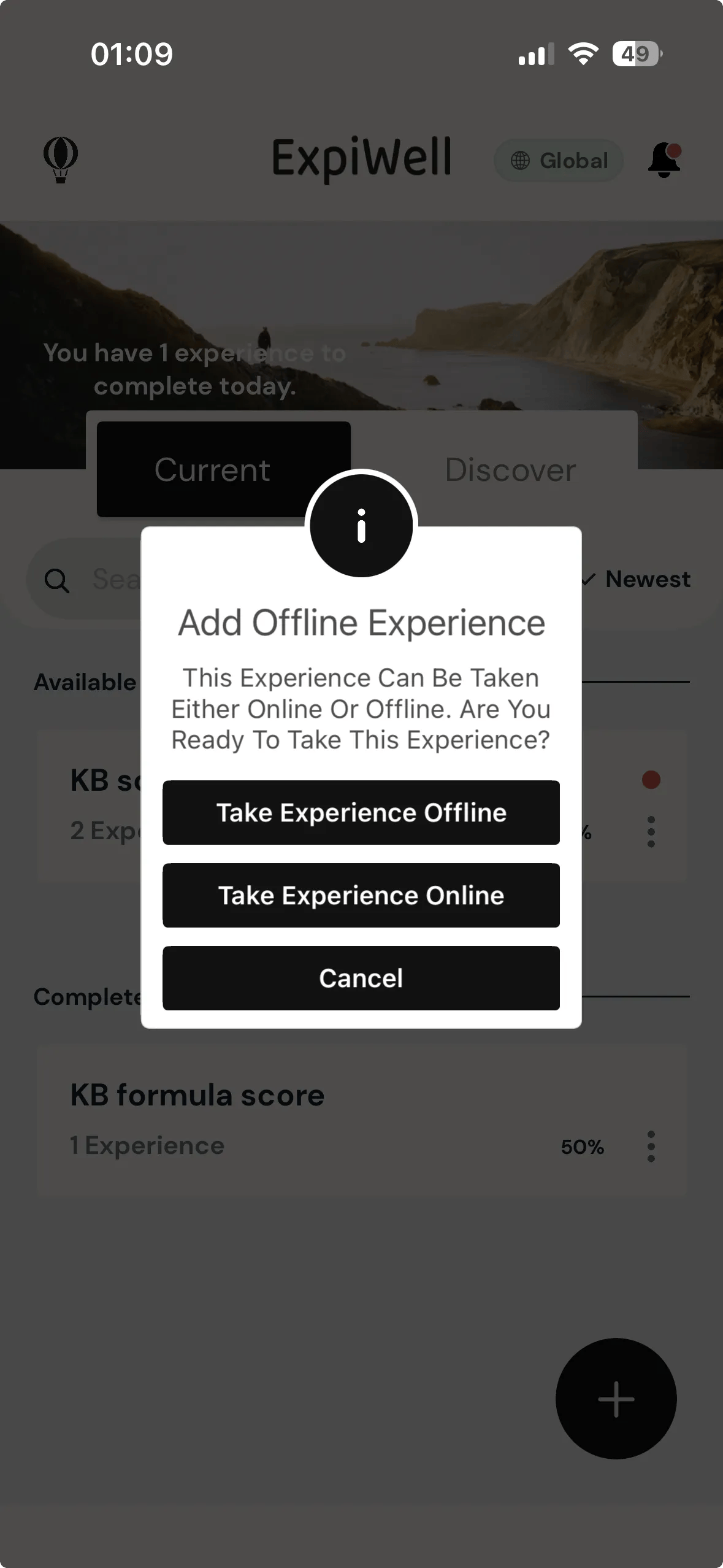The ExpiWell mobile app showing a dialog headed Add Offline Experience, saying the experience can be taken either online or offline and asking if the participant is ready, with buttons for Take Experience Offline, Take Experience Online and Cancel