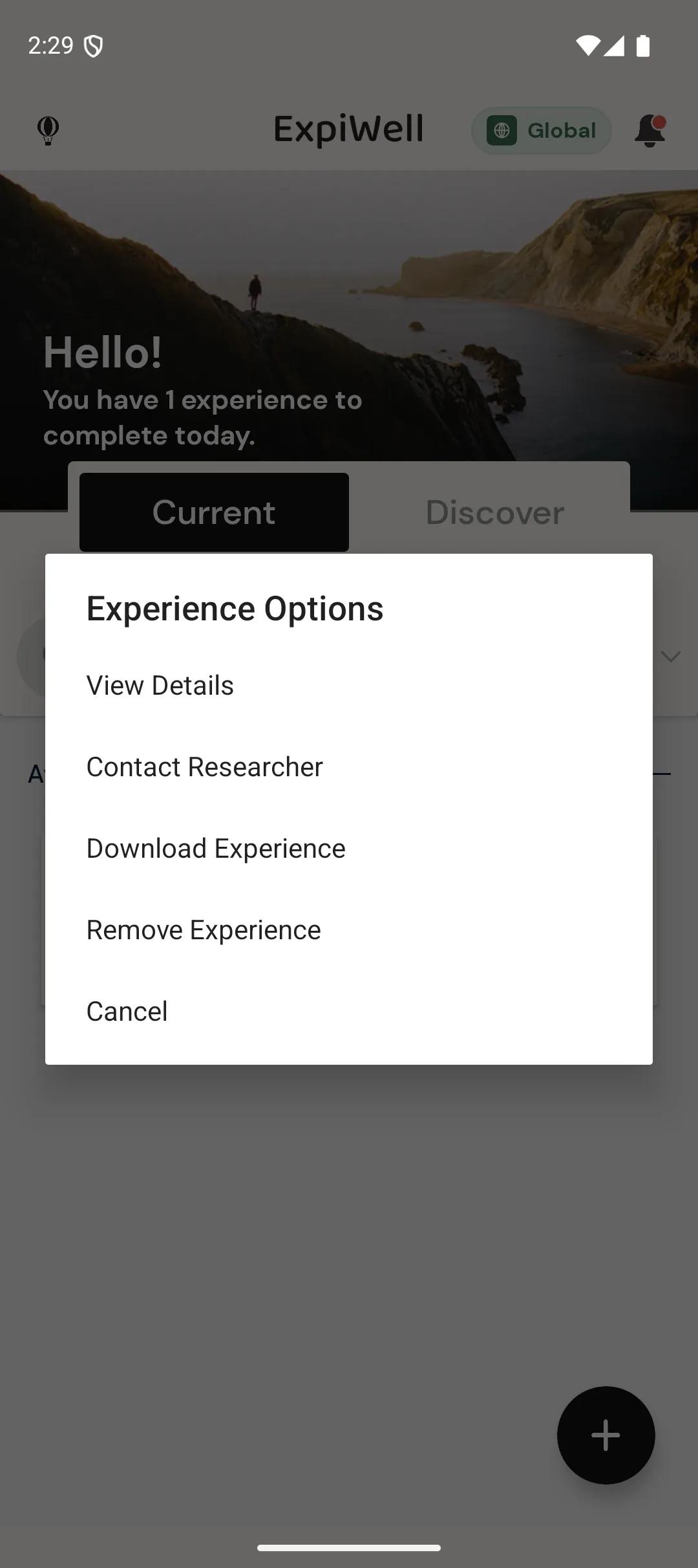 The ExpiWell mobile app showing an Experience Options menu listing View Details, Contact Researcher, Download Experience, Remove Experience and Cancel