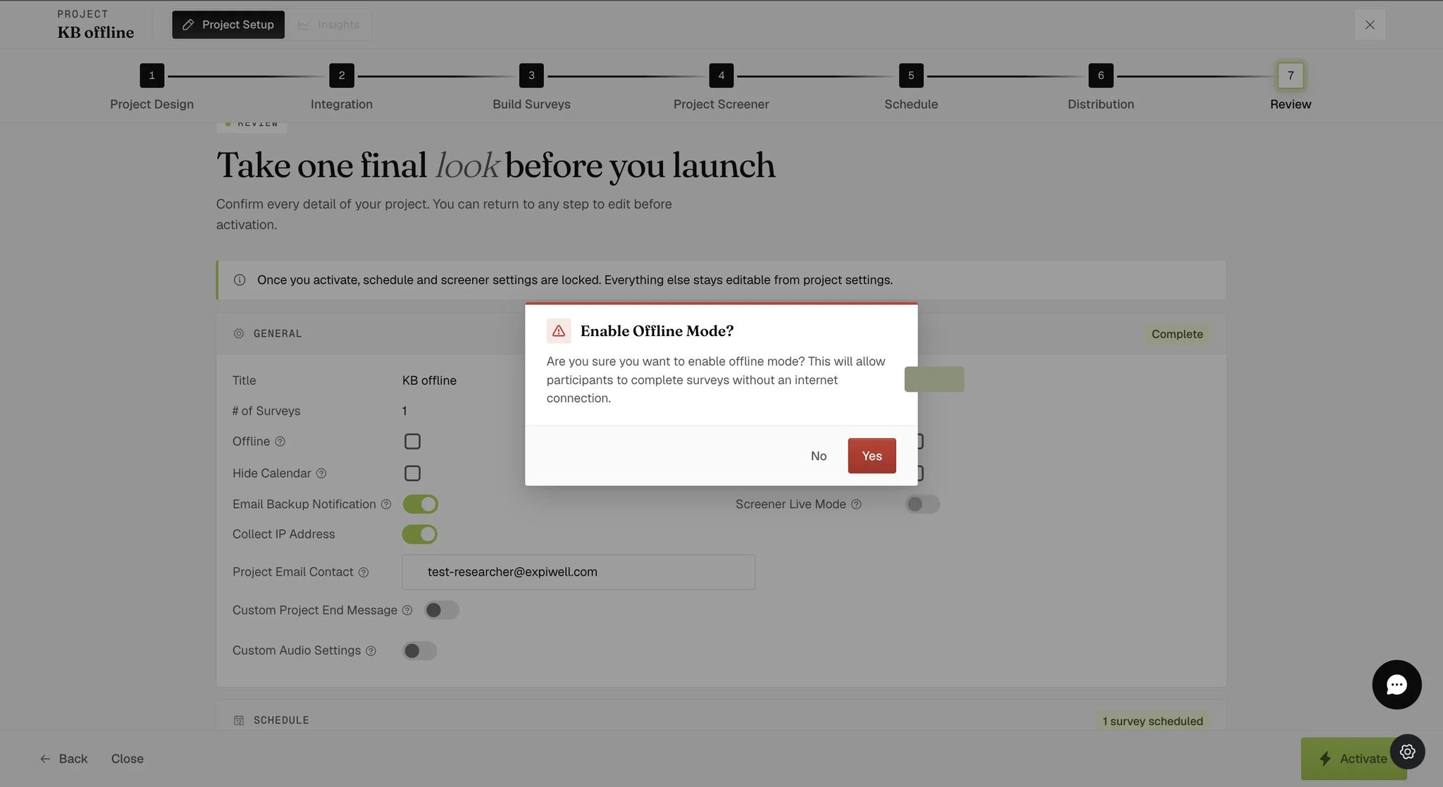 A dialog headed Enable Offline Mode asking whether you are sure, explaining it will allow participants to complete surveys without an internet connection, with No and Yes buttons