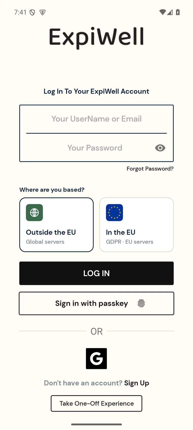 The ExpiWell Log In screen with the Where are you based region choice, the Log In button, and the Take One-Off Experience button at the bottom below Sign Up
