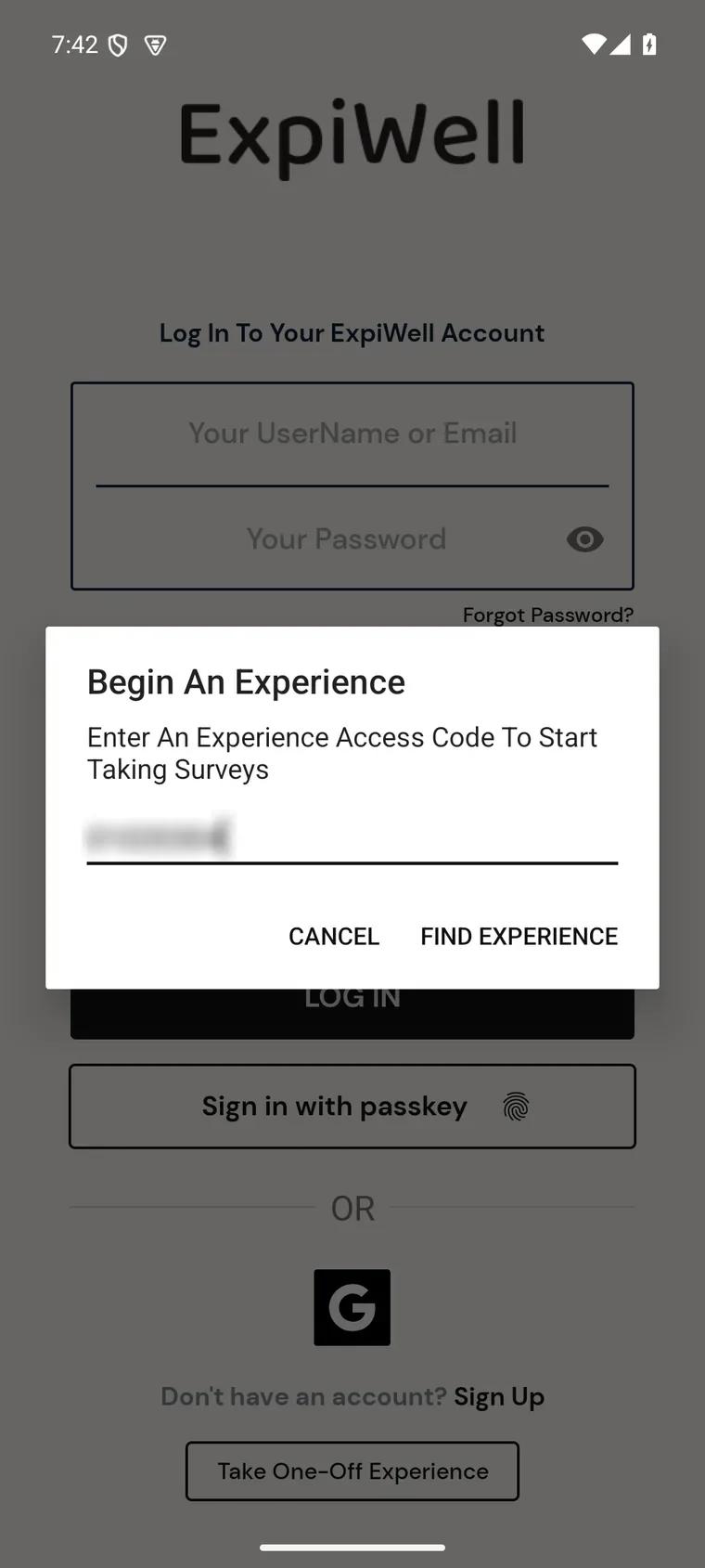 The Begin An Experience dialog asking for an experience access code, with a code entered and the Cancel and Find Experience buttons