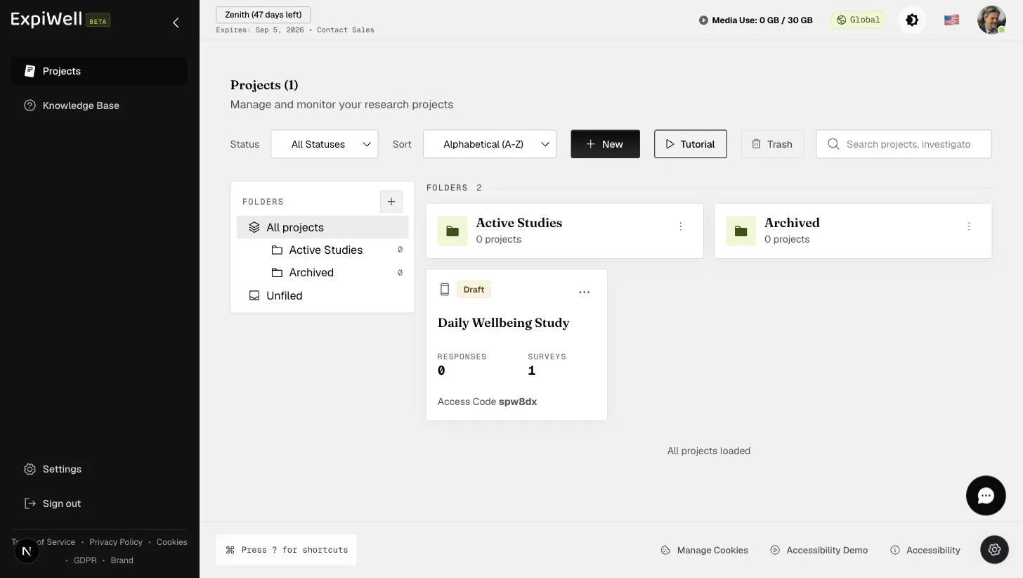 The projects dashboard with a folders rail listing All projects, the Active Studies and Archived folders with project counts, and Unfiled, next to folder cards and a project card