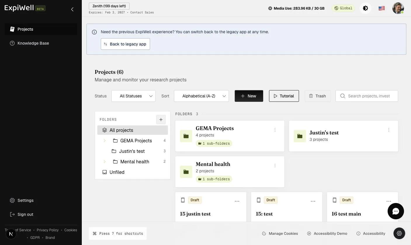 The ExpiWell projects dashboard: folders in a left rail, status and sort filters, the New project button, and project cards showing status, response counts, and access codes