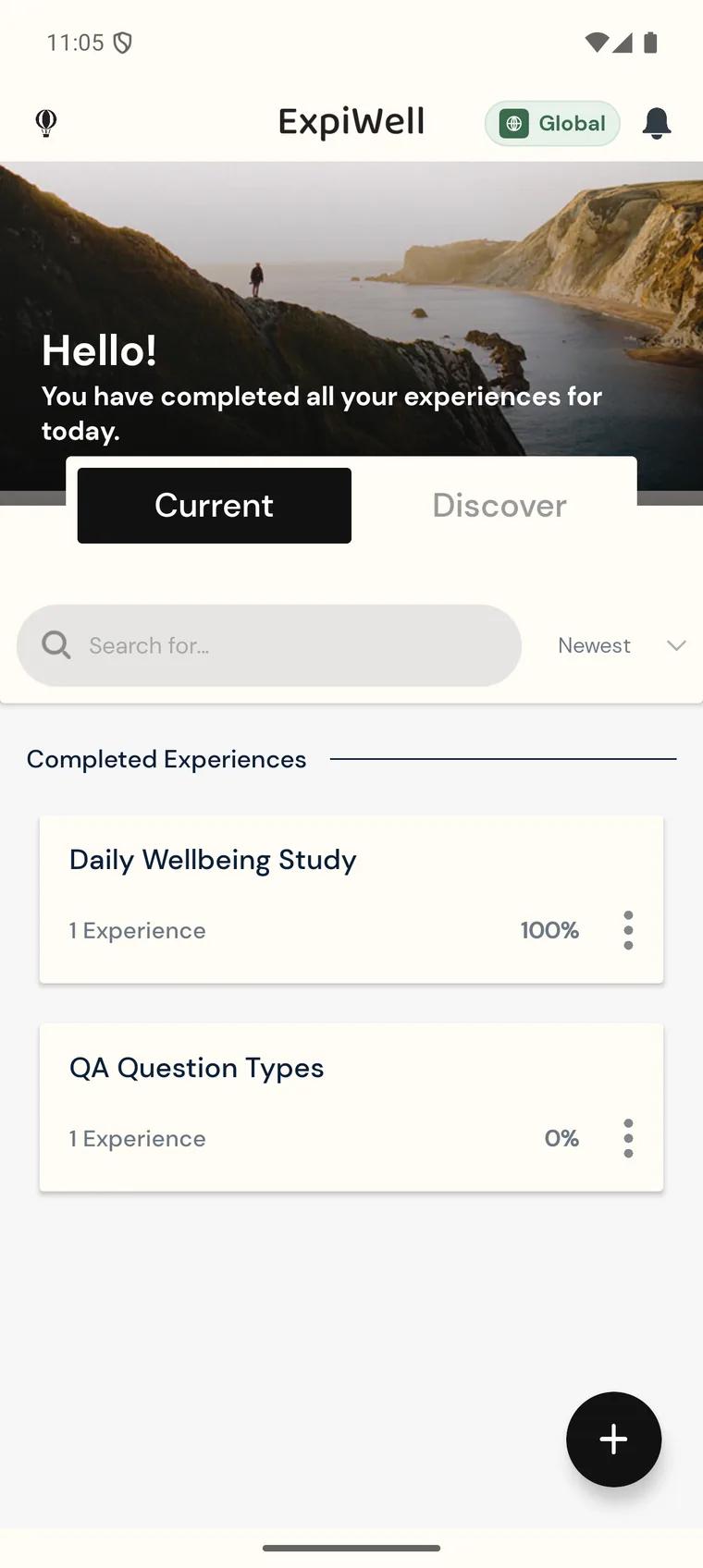 The ExpiWell participant app home on Android with the Current and Discover tabs, a search bar, the experiences list, and the add-experience button