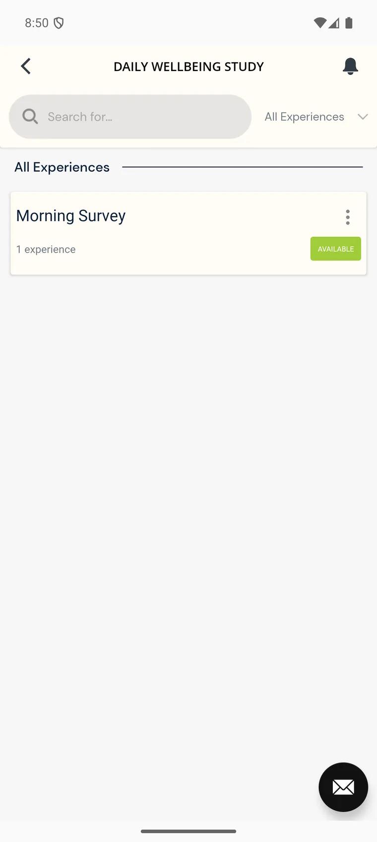 The ExpiWell participant app project view listing a study’s experiences, with the Morning Survey shown as Available