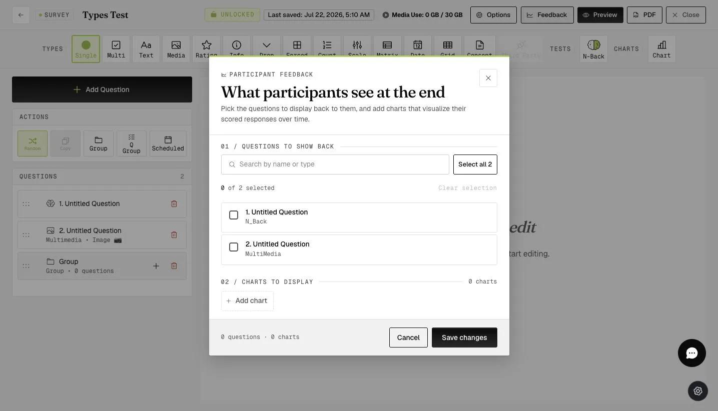 The Participant Feedback modal — What participants see at the end — with Questions to show back and Charts to display