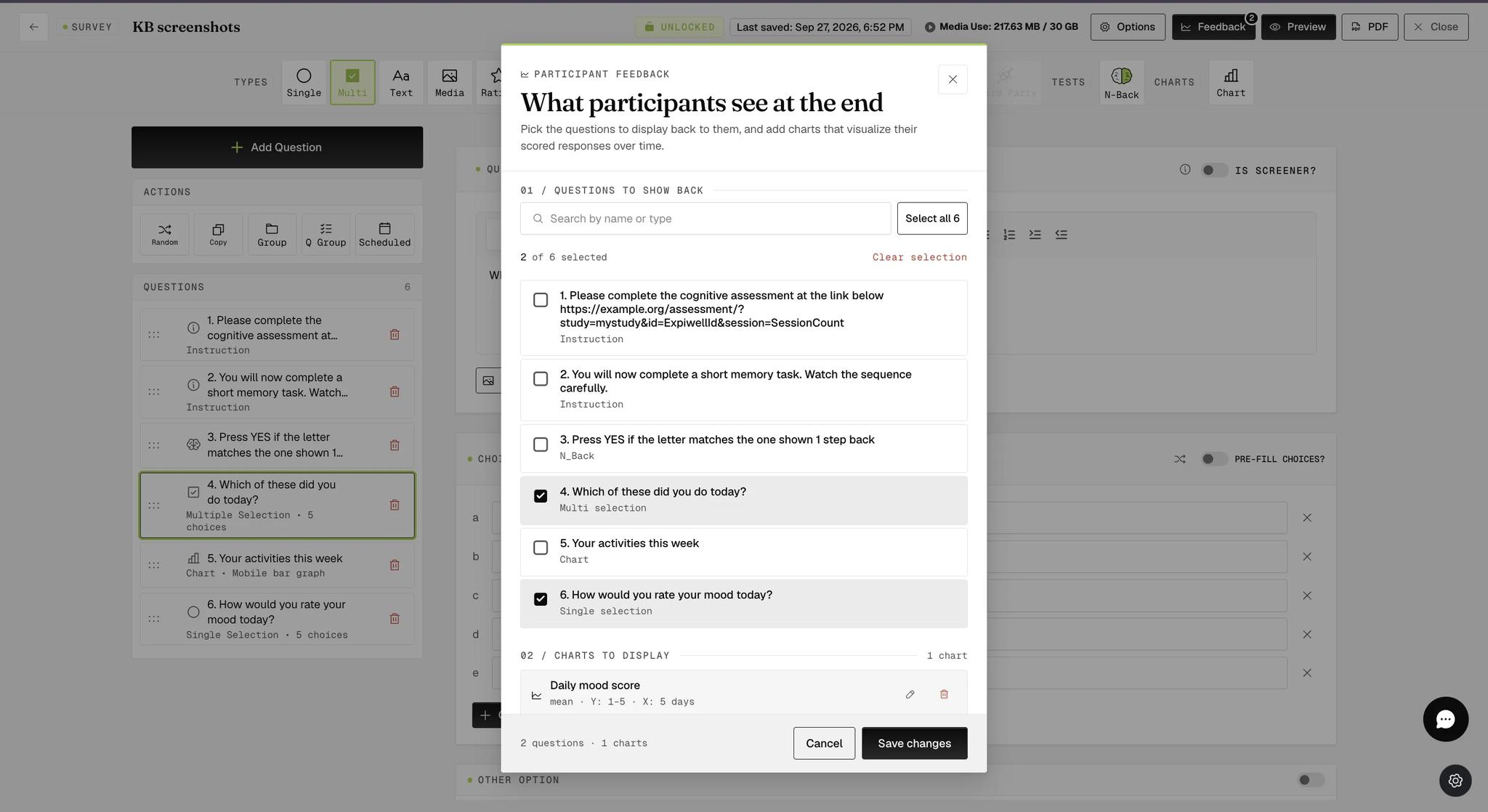The Participant Feedback modal with two of the survey's six questions ticked under Questions to show back, a count reading 2 of 6 selected, and a Save changes button below