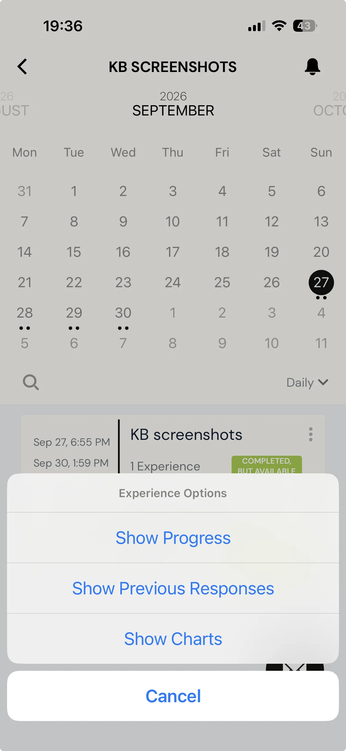The ExpiWell mobile app with an Experience Options menu open over the survey card, offering Show Progress, Show Previous Responses, and Show Charts
