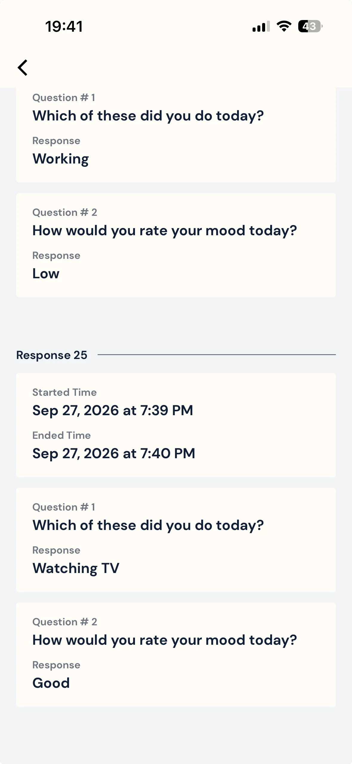 The previous responses screen on the mobile app, showing a submission's start and end times above the two selected questions, each with the answer the participant gave
