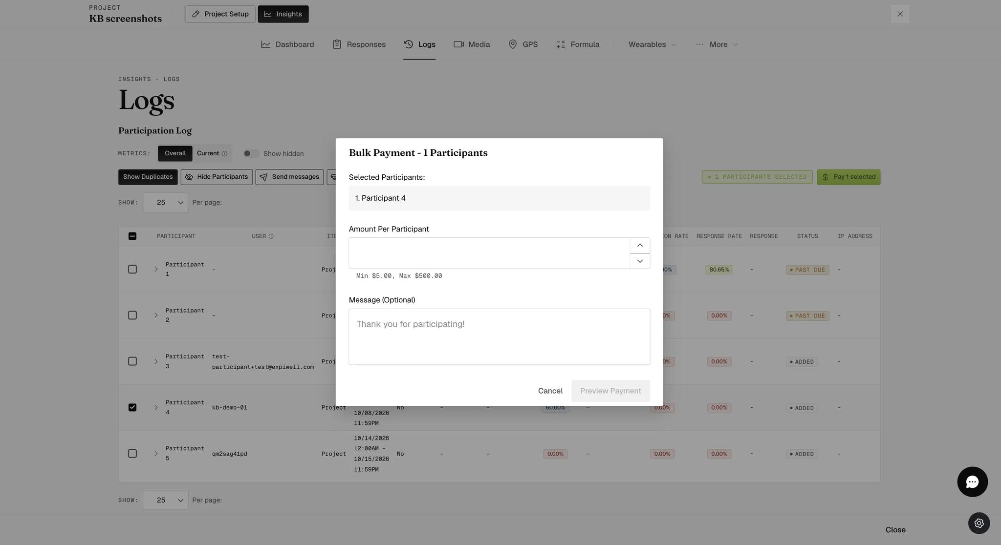The Bulk Payment dialog listing one selected participant, an empty Amount Per Participant field noting a minimum of five dollars and a maximum of five hundred, and an optional message box