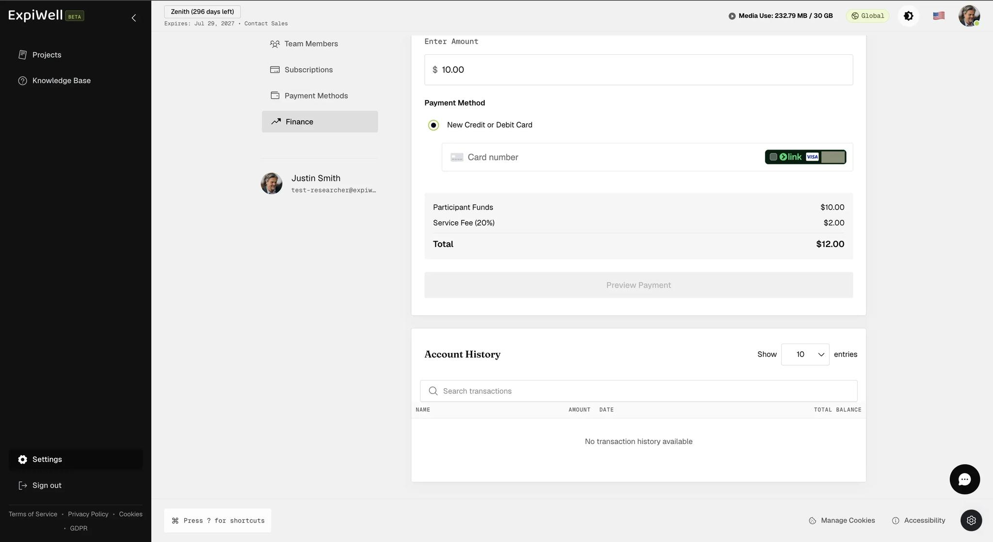 The Account History section below the Add Funds form, with a search field and a table headed Name, Amount, Date and Total Balance, currently reading no transaction history available