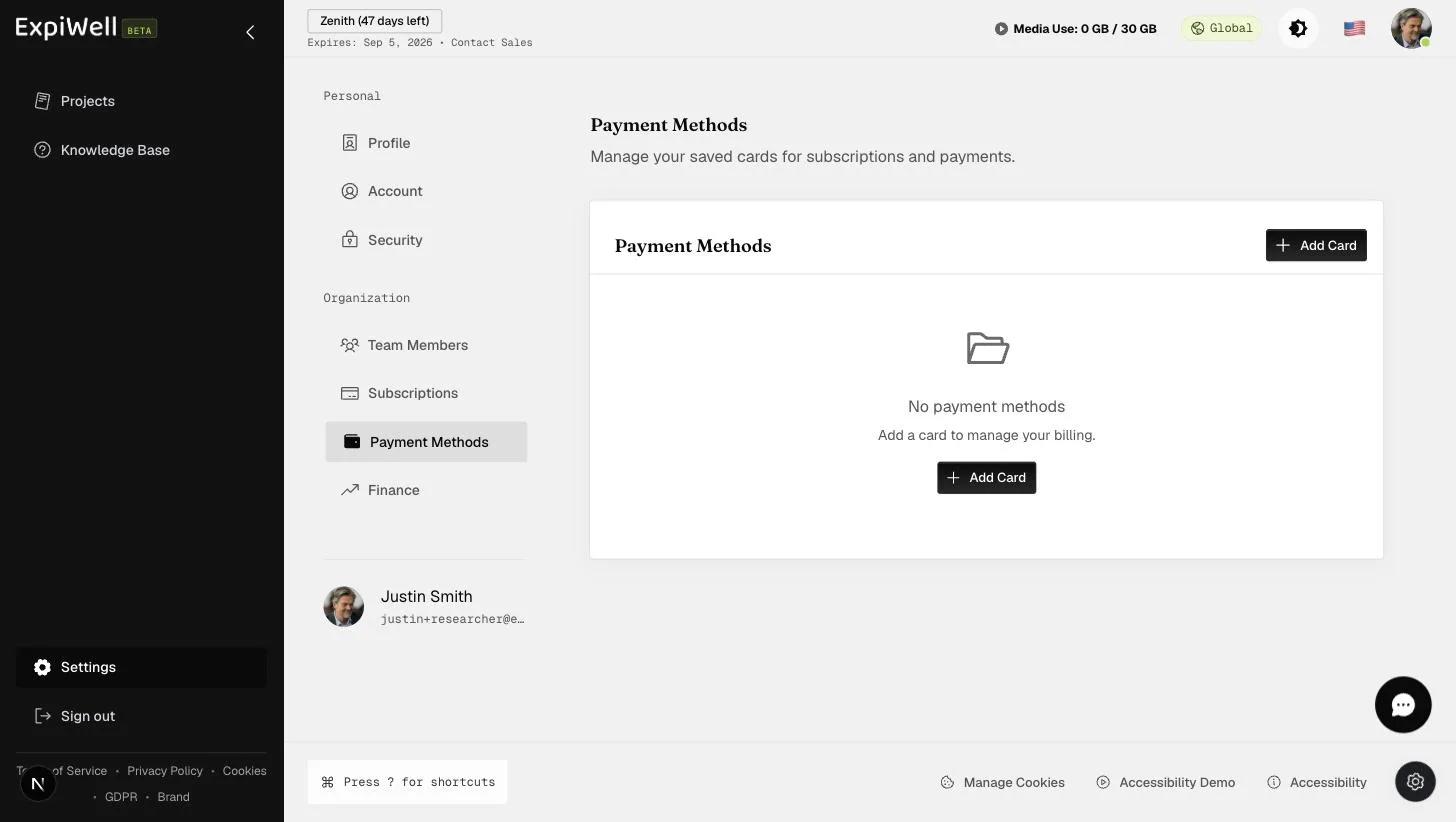 The Payment Methods settings page for managing saved cards for subscriptions and payments, with an Add Card button
