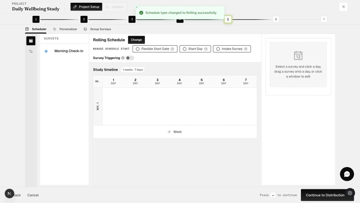 The Rolling Schedule view with Scheduler, Personalizer, and Group Surveys tabs, schedule-start options, and the drag-and-drop study timeline
