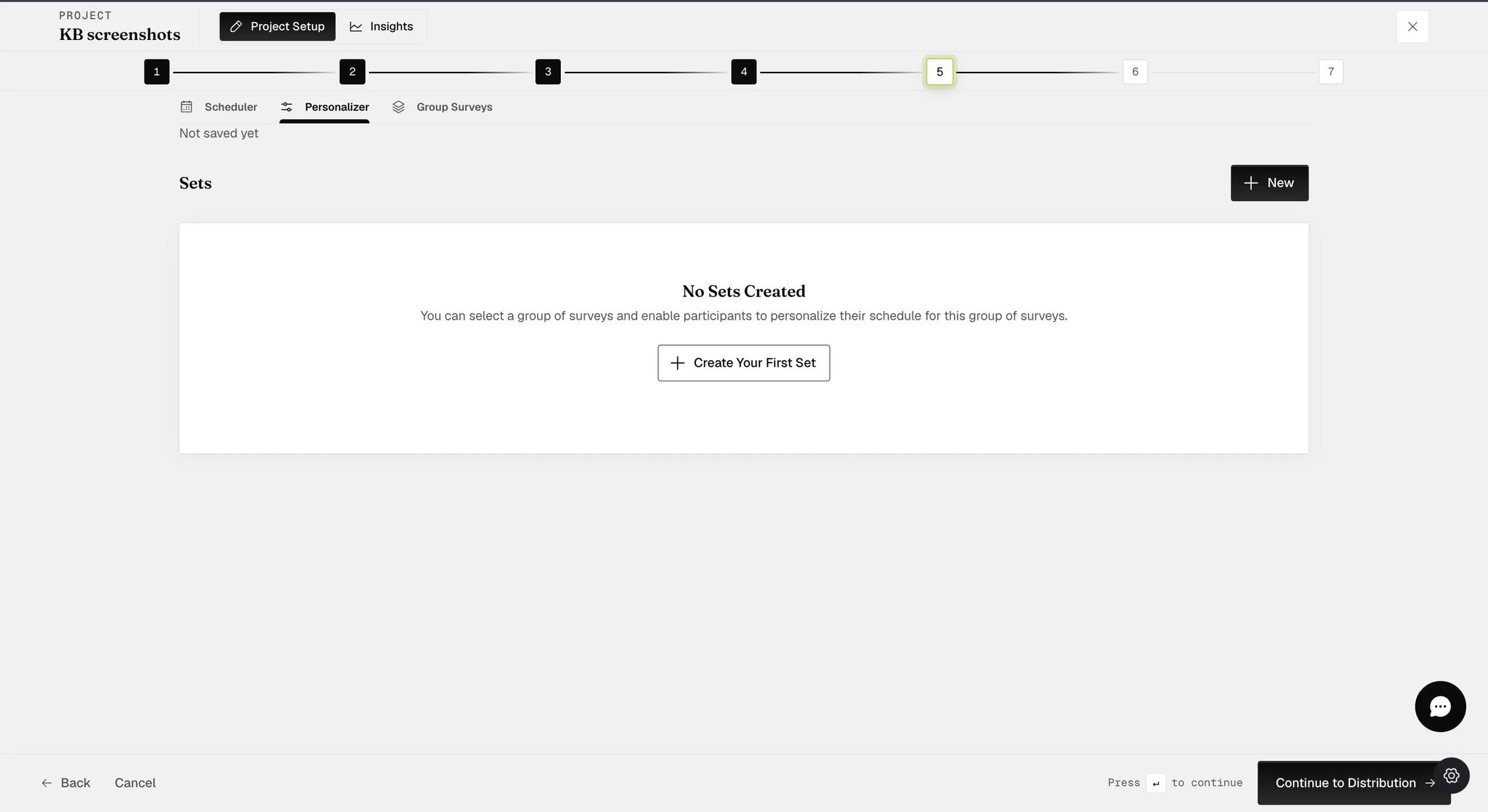 The Personalizer tab of a rolling schedule, empty, explaining that you can select a group of surveys and let participants personalize their schedule for that group, above a Create Your First Set button