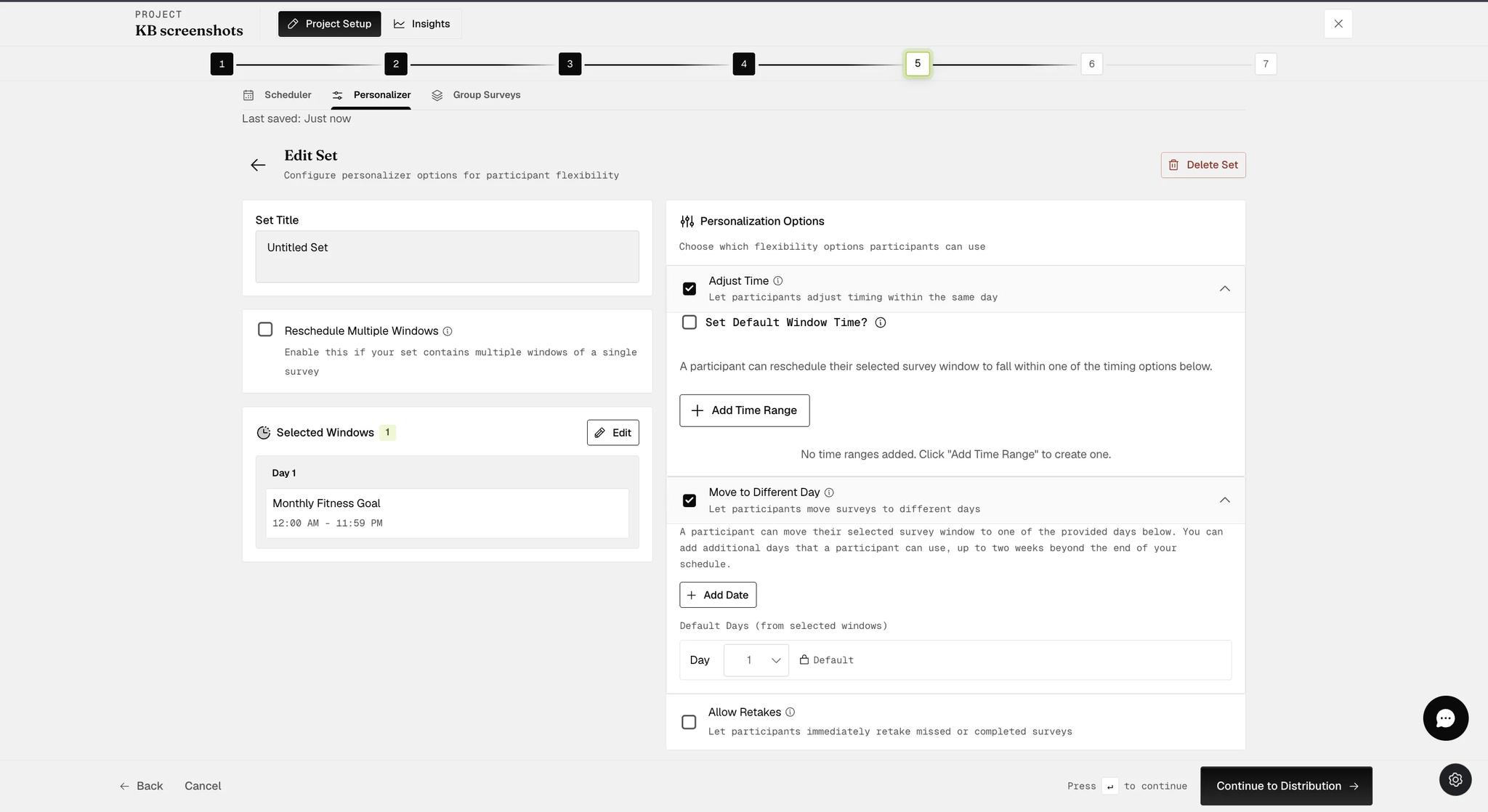 The Personalization Options panel with Adjust Time and Move to Different Day already switched on and expanded to show their settings, and Allow Retakes below them still off, beside the saved set and its selected window