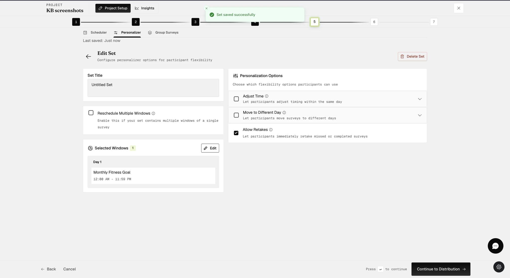 The Allow Retakes option switched on in the Personalization Options panel, described as letting participants immediately retake missed or completed surveys, with no further settings beneath it