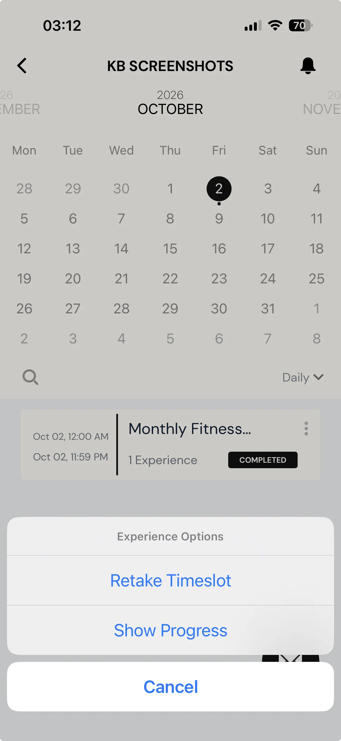 The ExpiWell mobile app showing a study calendar with a survey marked COMPLETED, and an Experience Options menu open over it offering Retake Timeslot and Show Progress