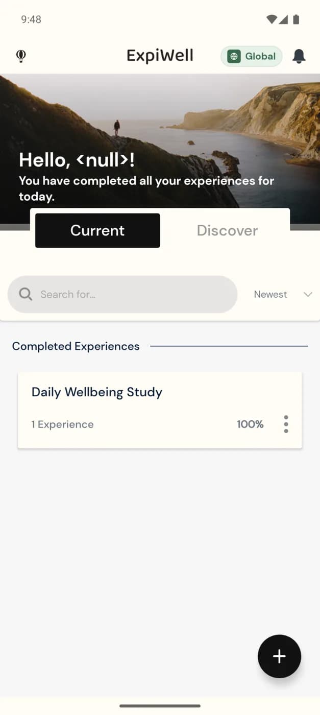The Current tab showing a study card with its name, experience count, and completion percentage