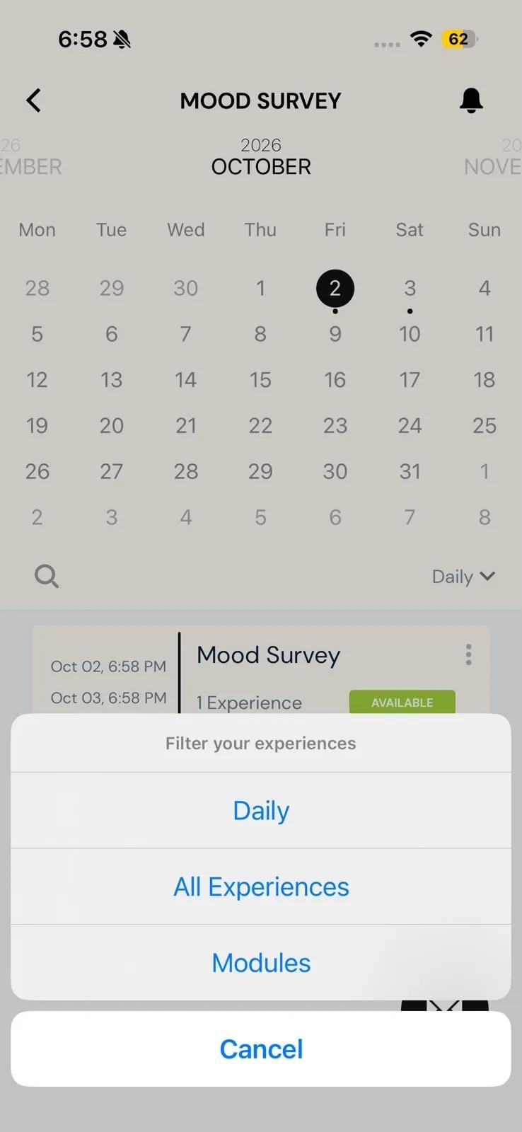 A study's overview with the Filter your experiences menu open, offering Daily, All Experiences and Modules