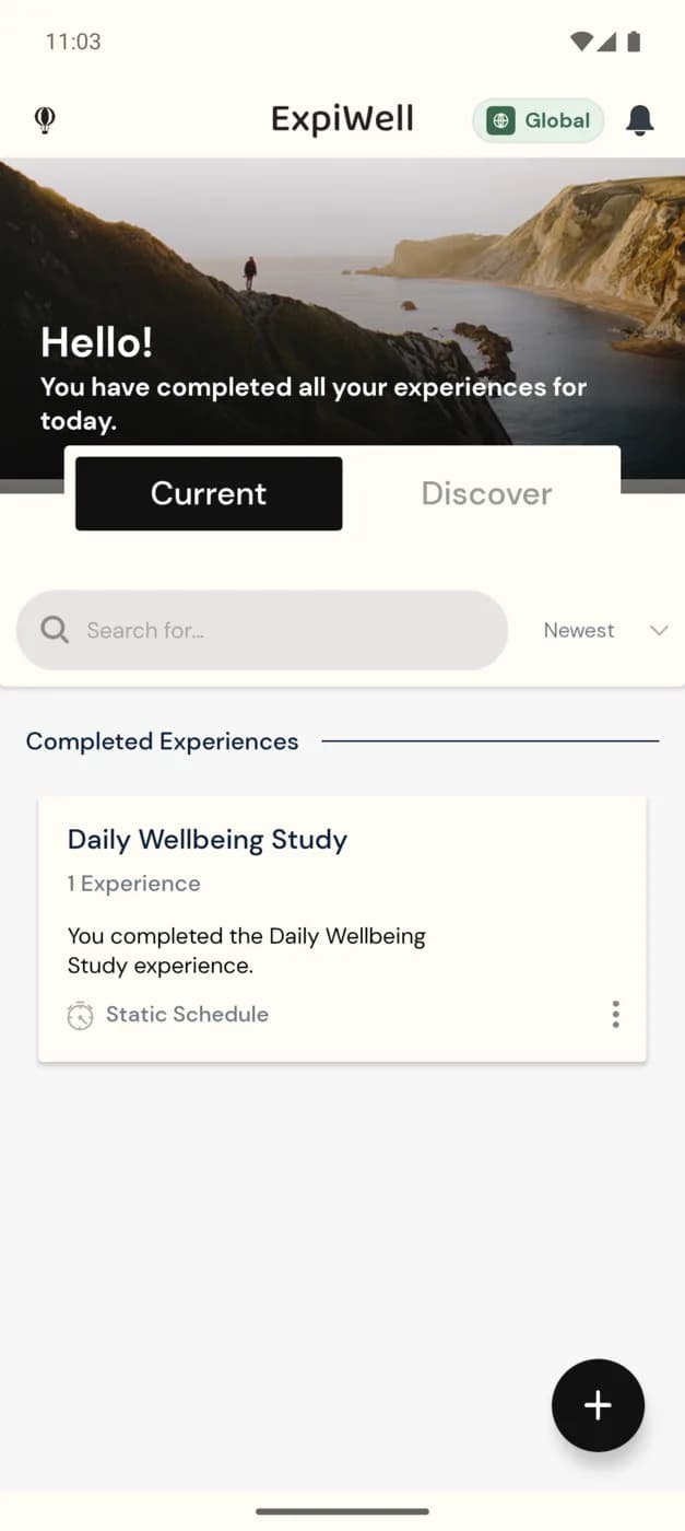 The expanded study card in the app showing the experience count, completion status, and schedule type