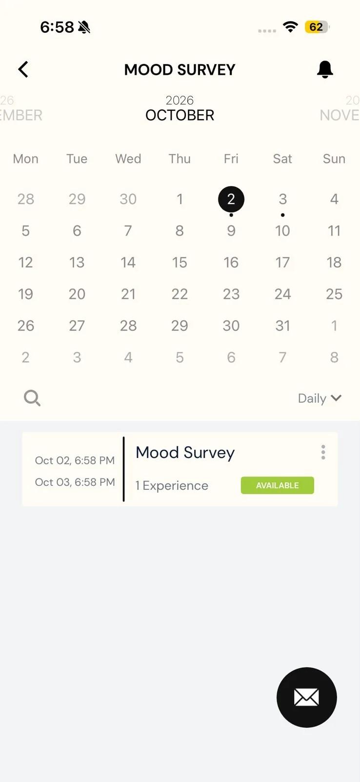 The Mood Survey overview in the Daily view: an October calendar with today circled and dots under the 2nd and 3rd, and a survey row with its window from Oct 02 to Oct 03 and an Available badge
