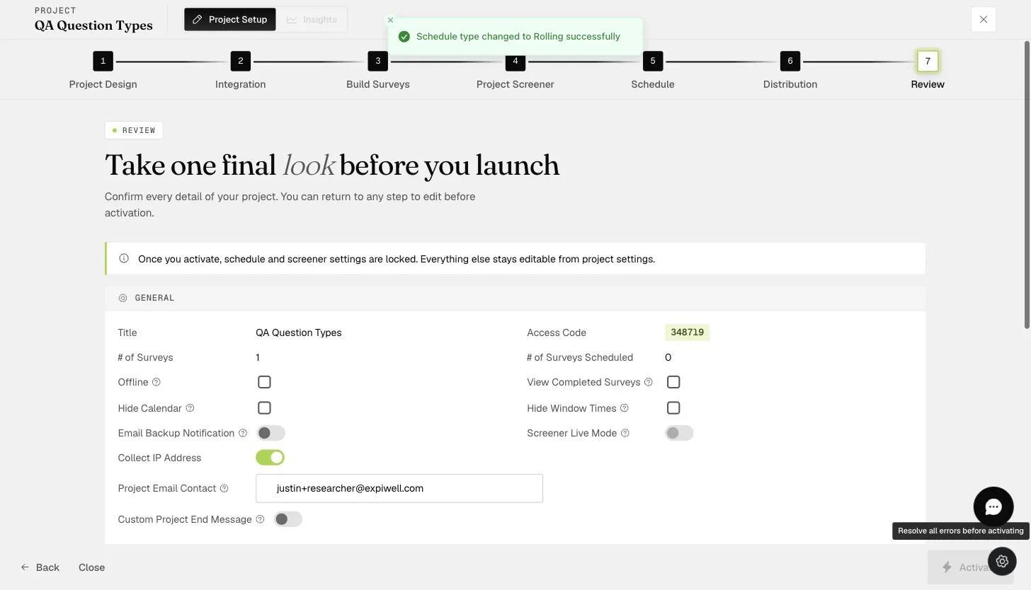 The Review step summary: Title, Access Code, number of surveys, and general project settings before activation