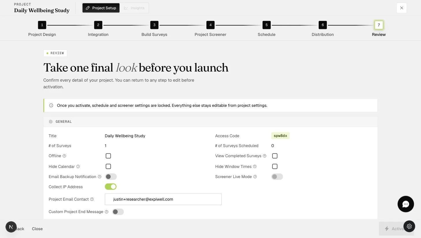 The Review step summarizing project settings — title, surveys, access code, offline and notification options — before activation locks schedule and screener settings