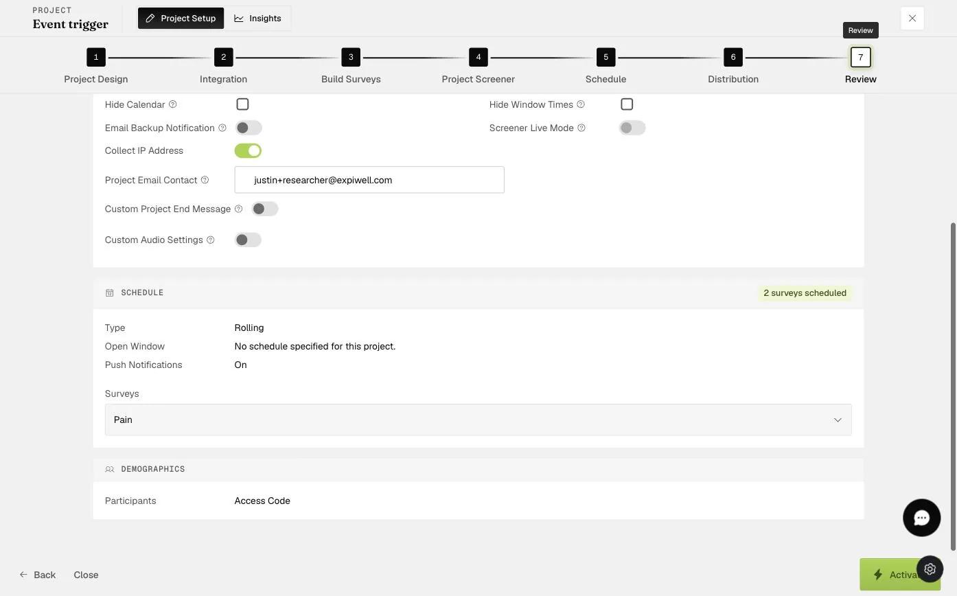 The Review step Schedule section showing schedule Type, Open Window, Push Notifications, and the scheduled surveys list