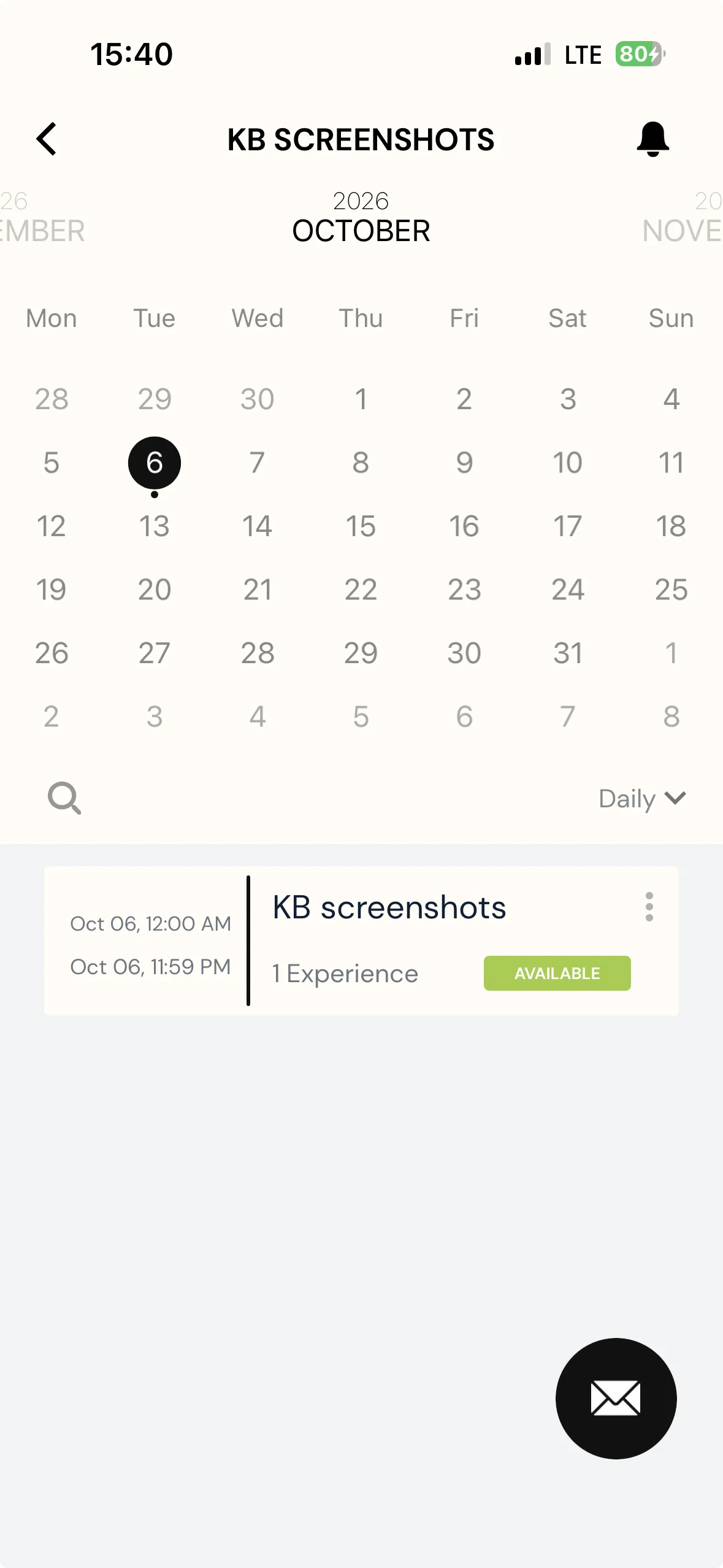 A project in the ExpiWell participant app showing a month calendar above the day's timeslot, with its window times and an AVAILABLE status