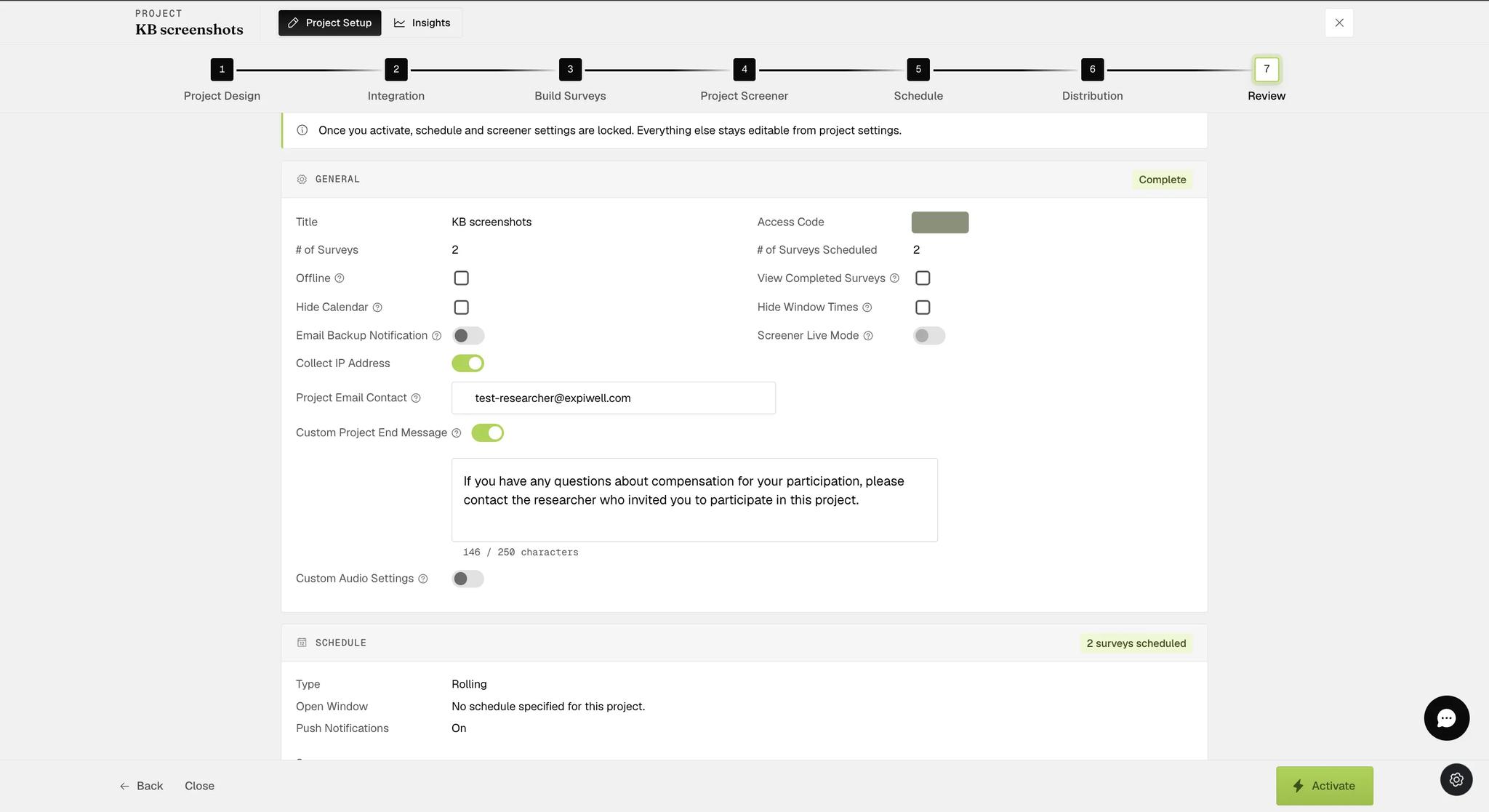 The Review step's General settings with Custom Project End Message switched on, revealing a text box holding the default message about contacting the researcher with compensation questions, and a counter reading 146 of 250 characters