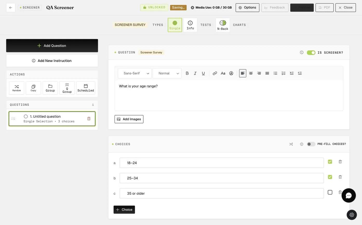 A screener survey question “What is your age range?” with the IS SCREENER toggle enabled