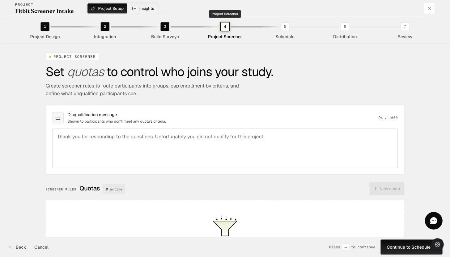 The Project Screener step's Disqualification message shown to participants who don't meet any quota's criteria