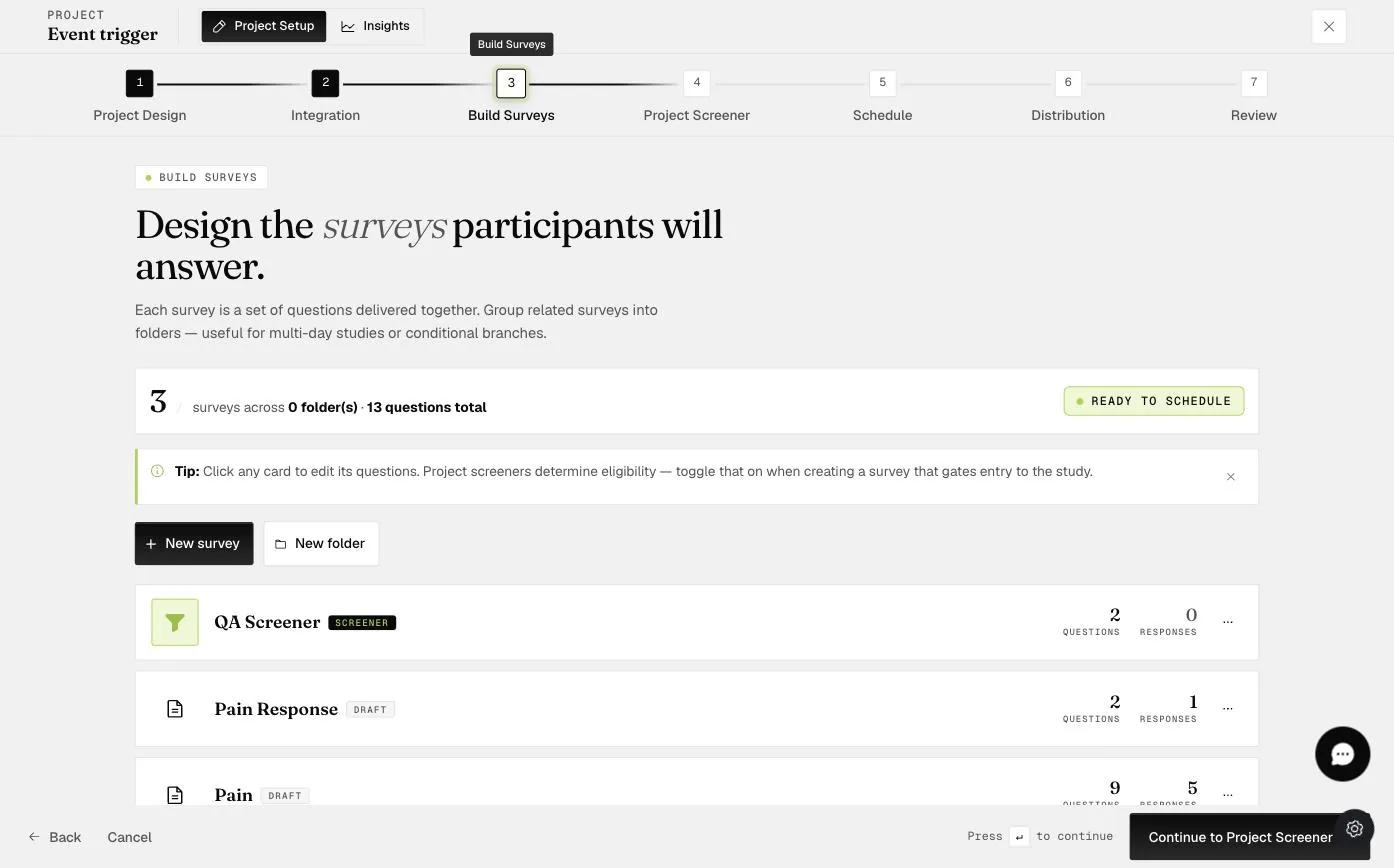 The Build Surveys list showing a survey marked with a green SCREENER badge
