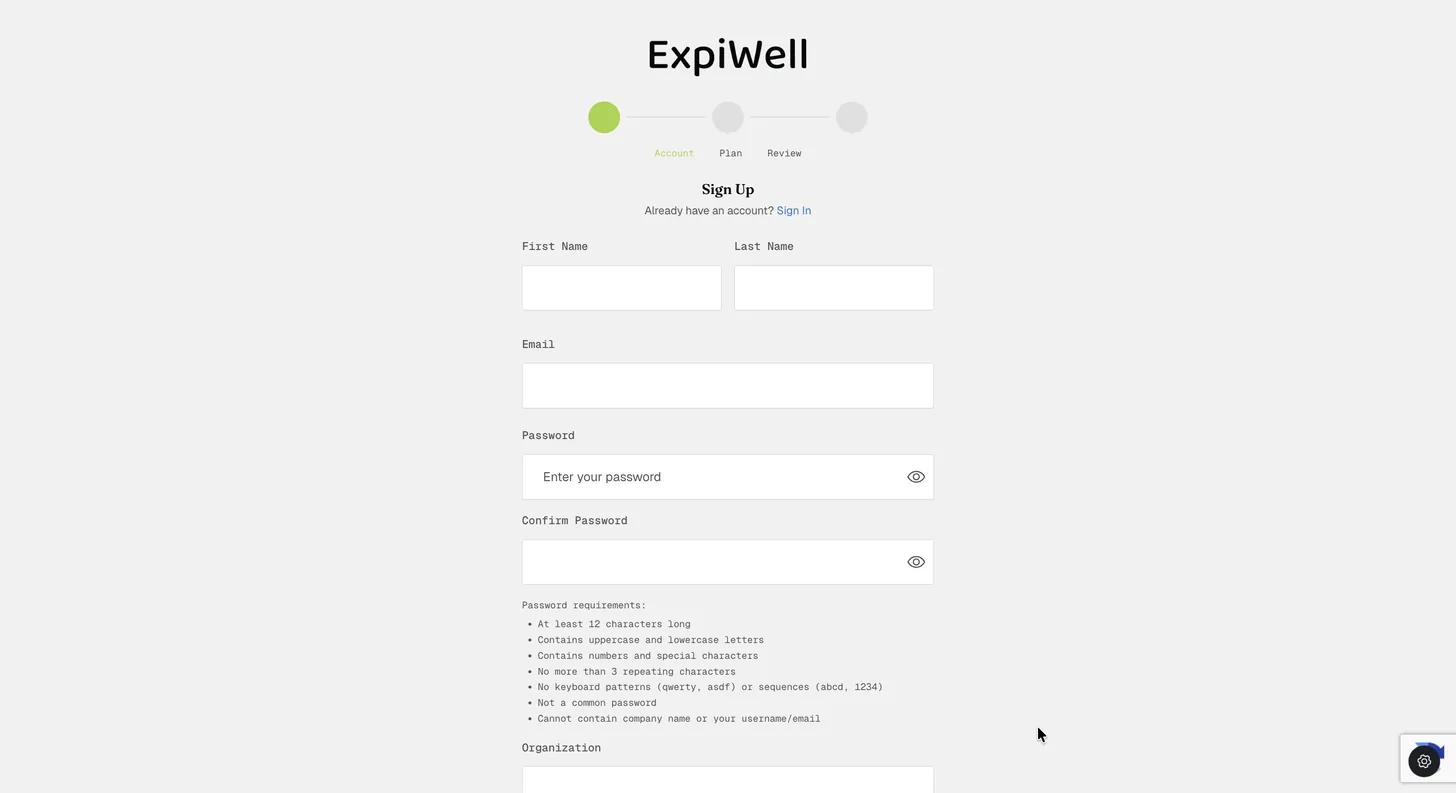 The Sign Up step of the account wizard with First Name, Last Name, Email, Password and Confirm Password fields, and the full list of password requirements beneath them