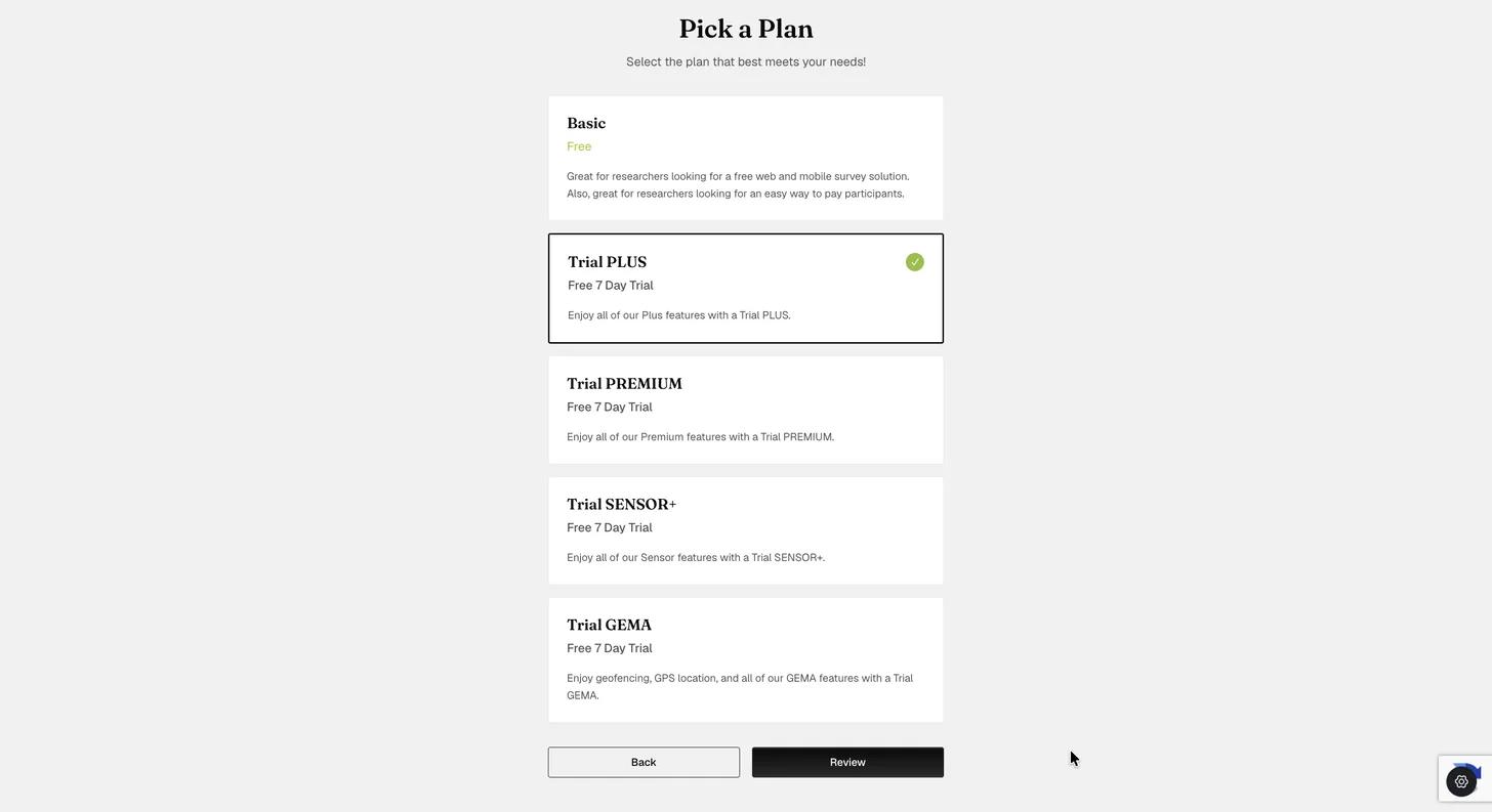 The Pick a Plan step listing Basic as free alongside Trial PLUS, Trial PREMIUM, Trial SENSOR+ and Trial GEMA, each marked as a free 7-day trial, with Trial PLUS selected