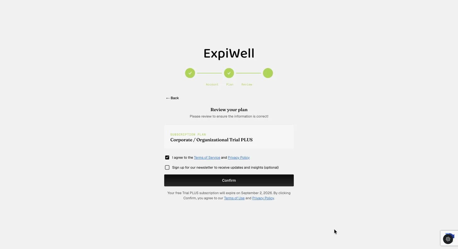 The Review your plan step naming the chosen subscription, a checked agreement to the Terms of Service and Privacy Policy, an optional newsletter checkbox, and a Confirm button above the trial's expiry date