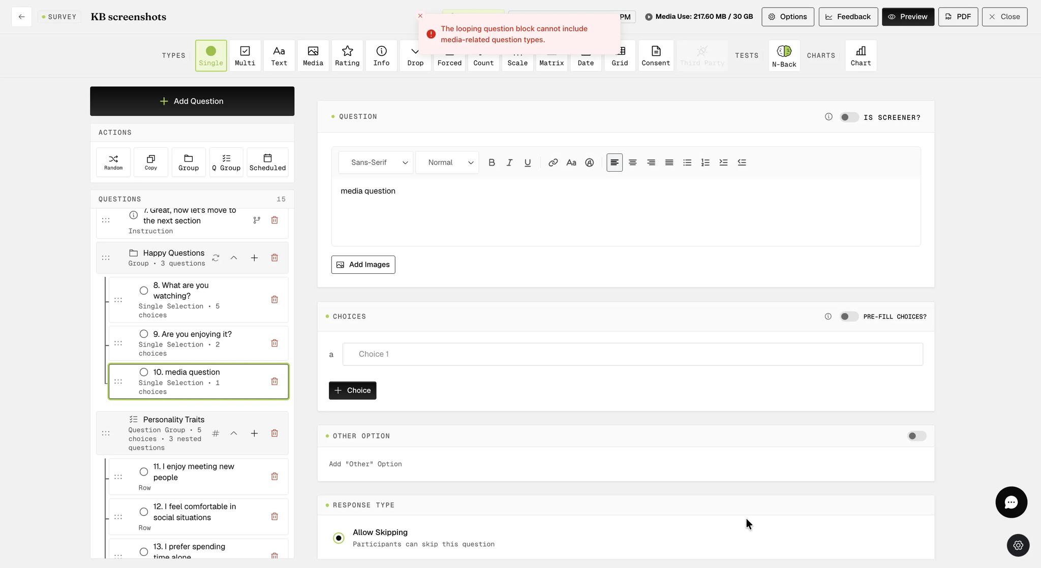 An error notification reading The looping question block cannot include media-related question types, shown above the survey builder while a question inside the looping Happy Questions group is selected