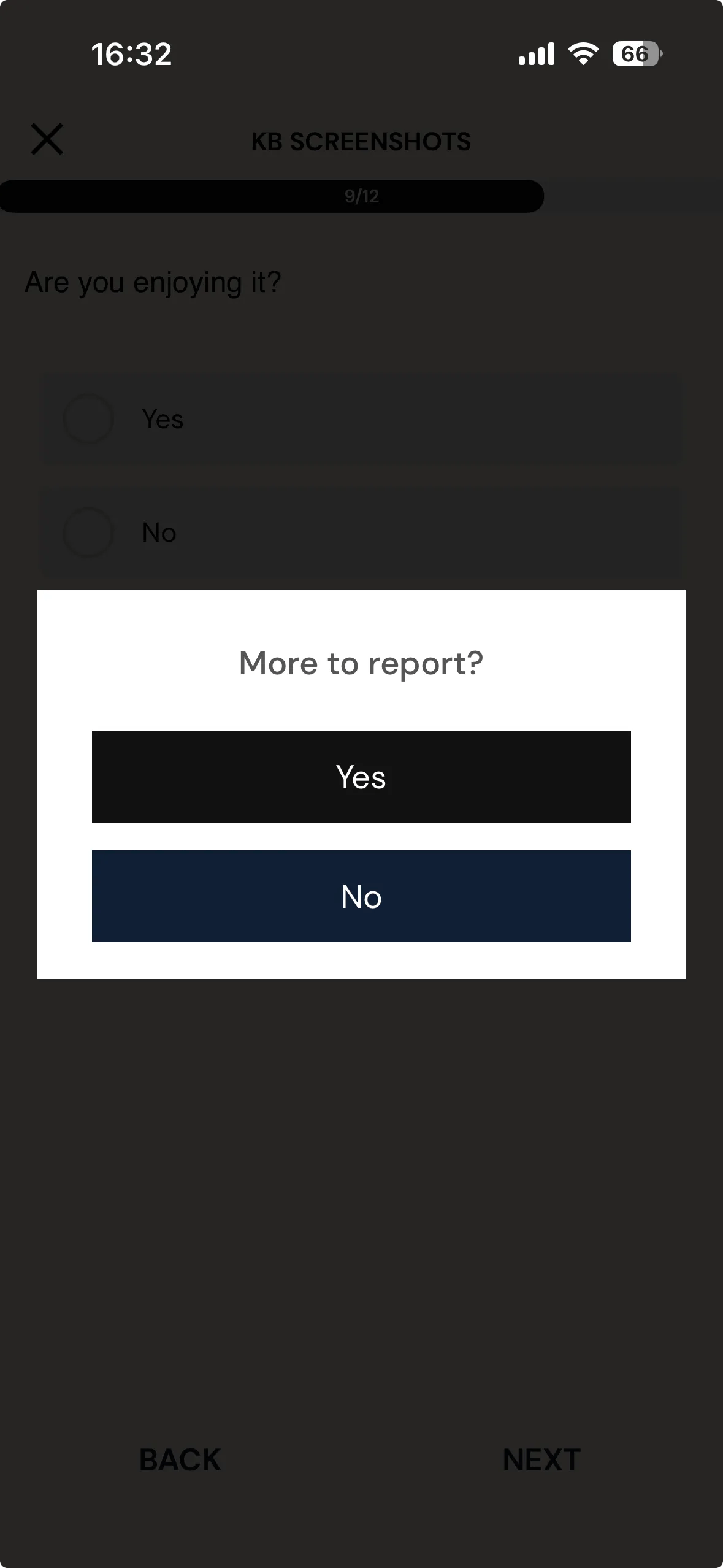 The ExpiWell mobile app showing a dialog over the survey asking More to report? with a Yes button to repeat the block and a No button to continue