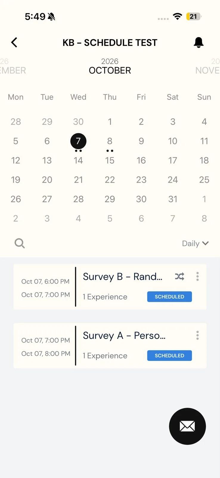 The Daily view of a study on iOS, where the random survey's row shows its 6:00 PM to 7:00 PM timeslot, a shuffle icon beside its name and a Scheduled badge, above a regular survey without the icon