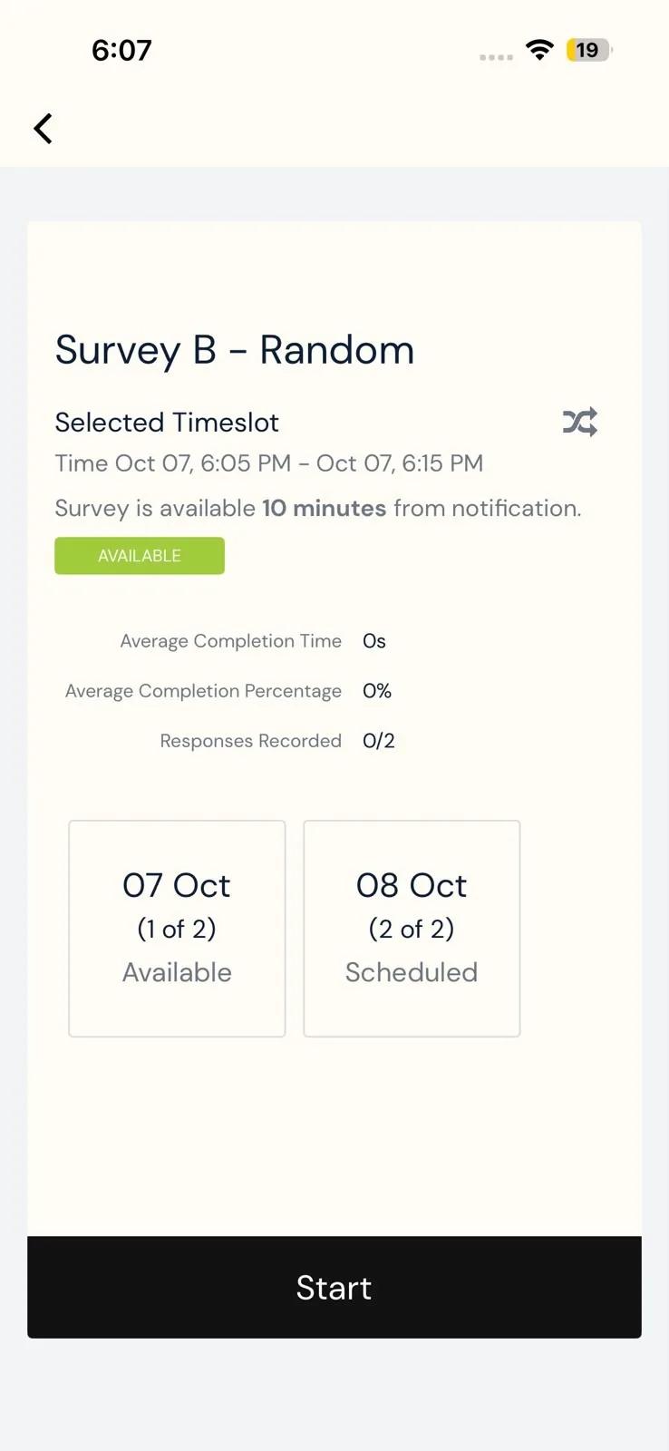 A random survey's page on iOS with a selected timeslot of 6:05 PM to 6:15 PM, the line Survey is available 10 minutes from notification, an Available badge, and a Start button