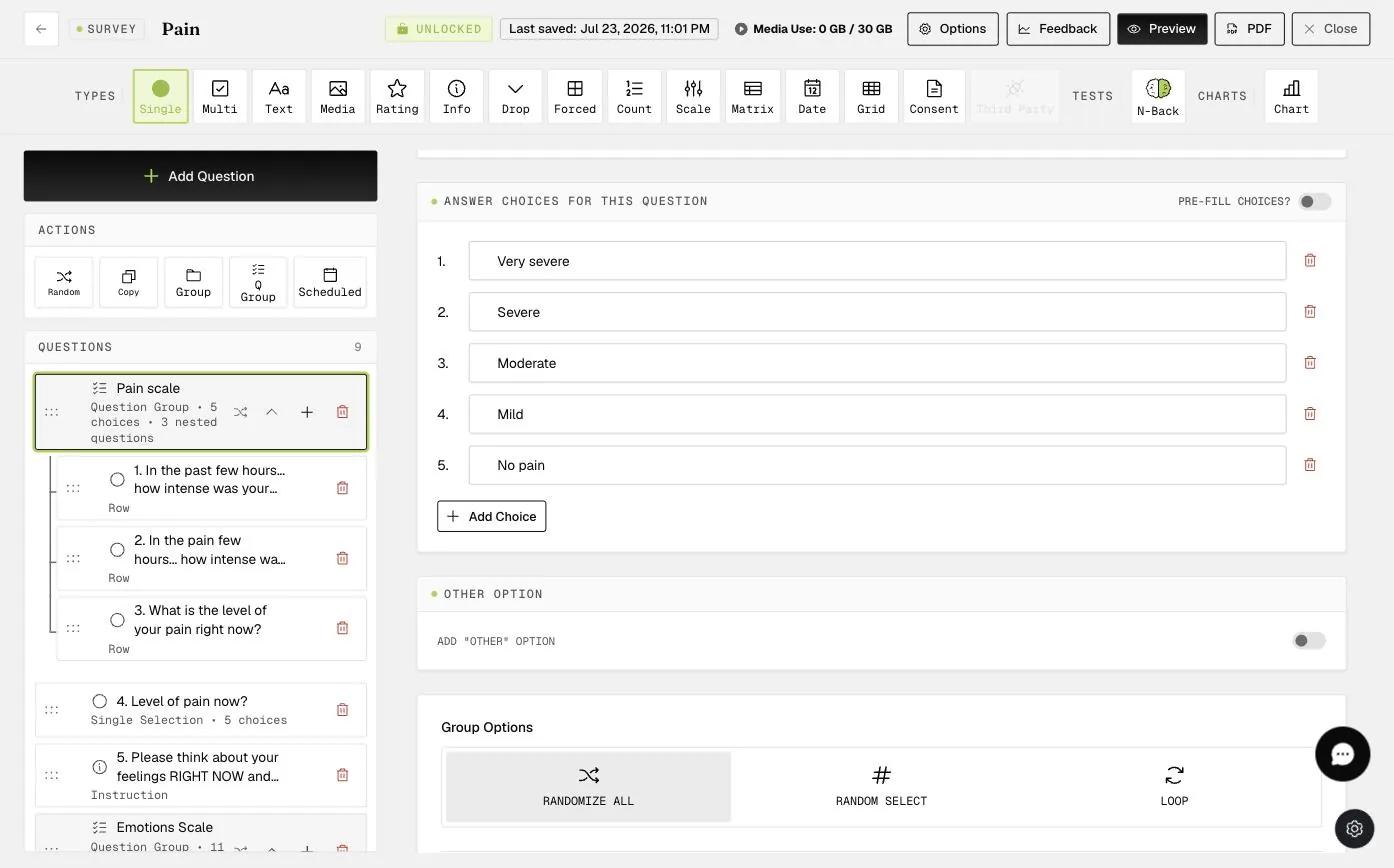 A question group in the survey builder with Group Options showing Randomize All selected, alongside Random Select and Loop