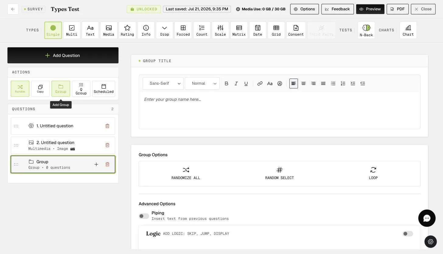 A question group's Group Options with Randomize All and Random Select