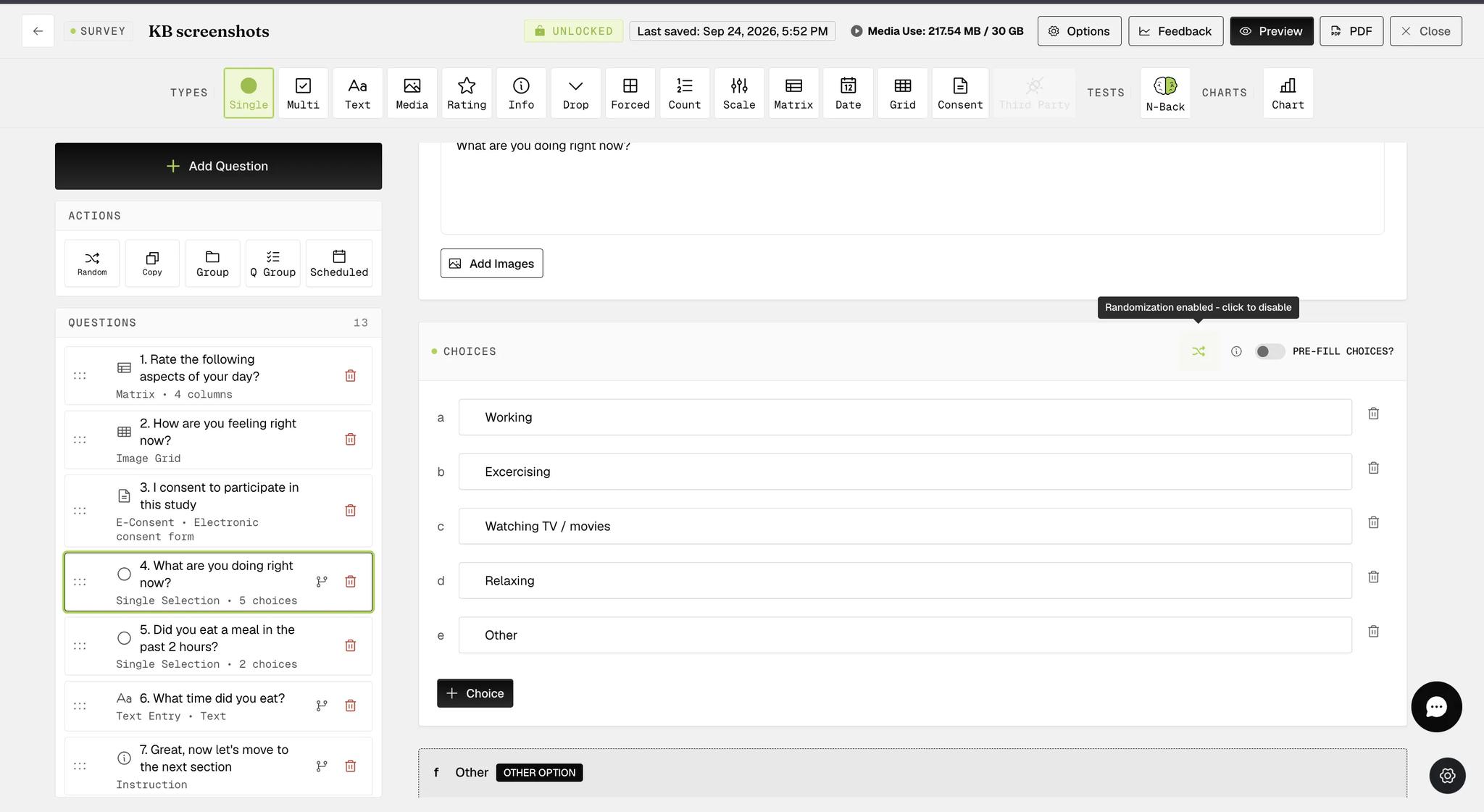 A Single Selection question with the Randomize Choices shuffle icon enabled (green) next to the Choices header, showing the tooltip Randomization enabled - click to disable