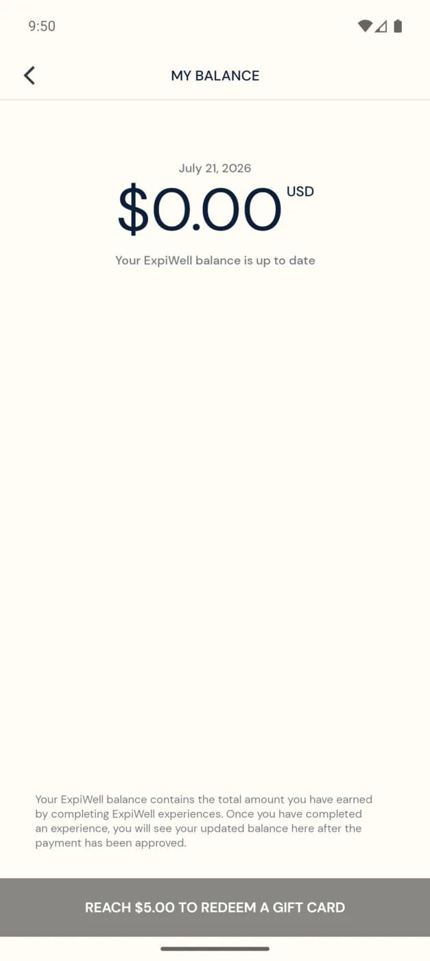 The My Balance screen showing a total in USD and a prompt to reach $5.00 to redeem a gift card