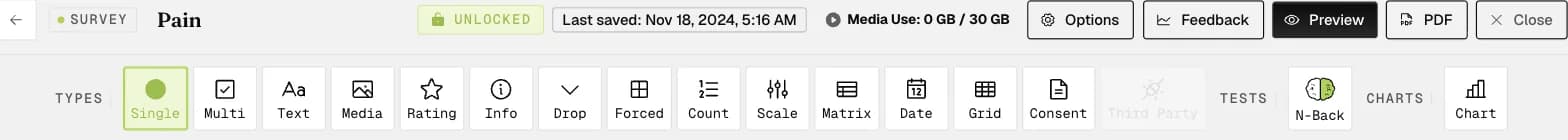 The survey builder toolbar with the Options button used to open survey-level settings